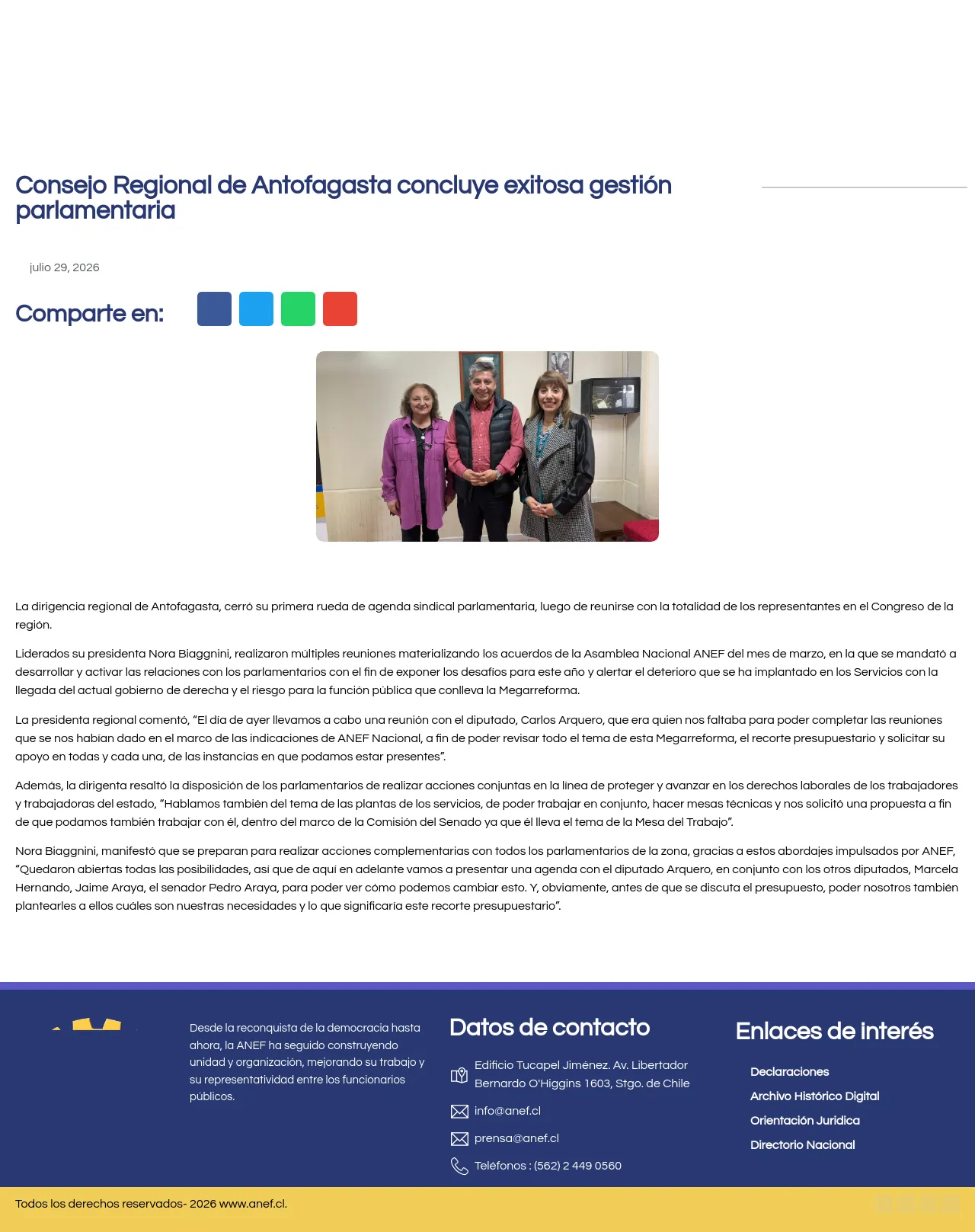 Consejo Regional de Antofagasta concluye exitosa gestión parlamentaria – ANEF CHILE