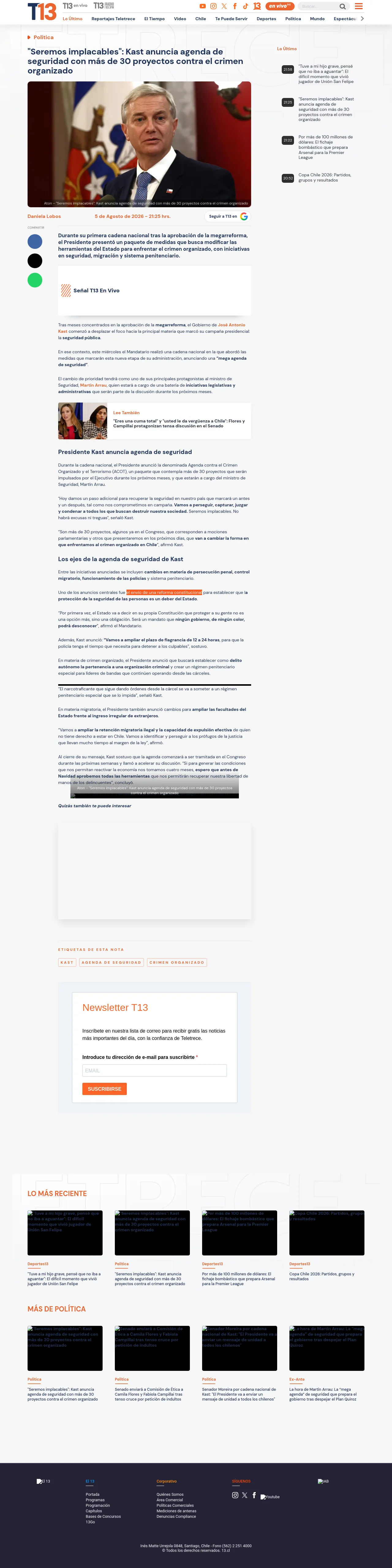 "Seremos implacables": Kast anuncia agenda de seguridad con más de 30 proyectos contra el crimen organizado
