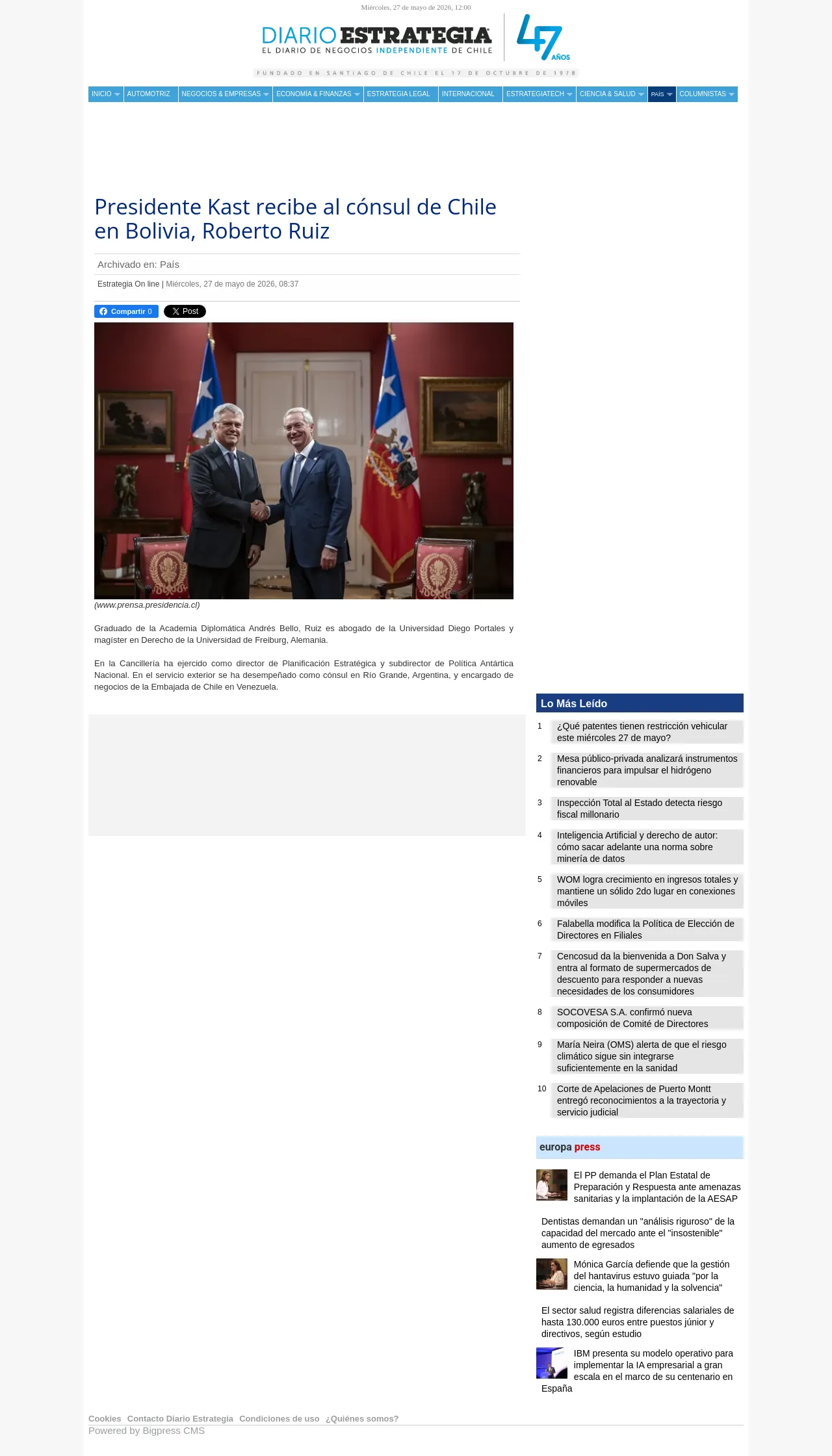 Presidente Kast recibe al cónsul de Chile en Bolivia, Roberto Ruiz