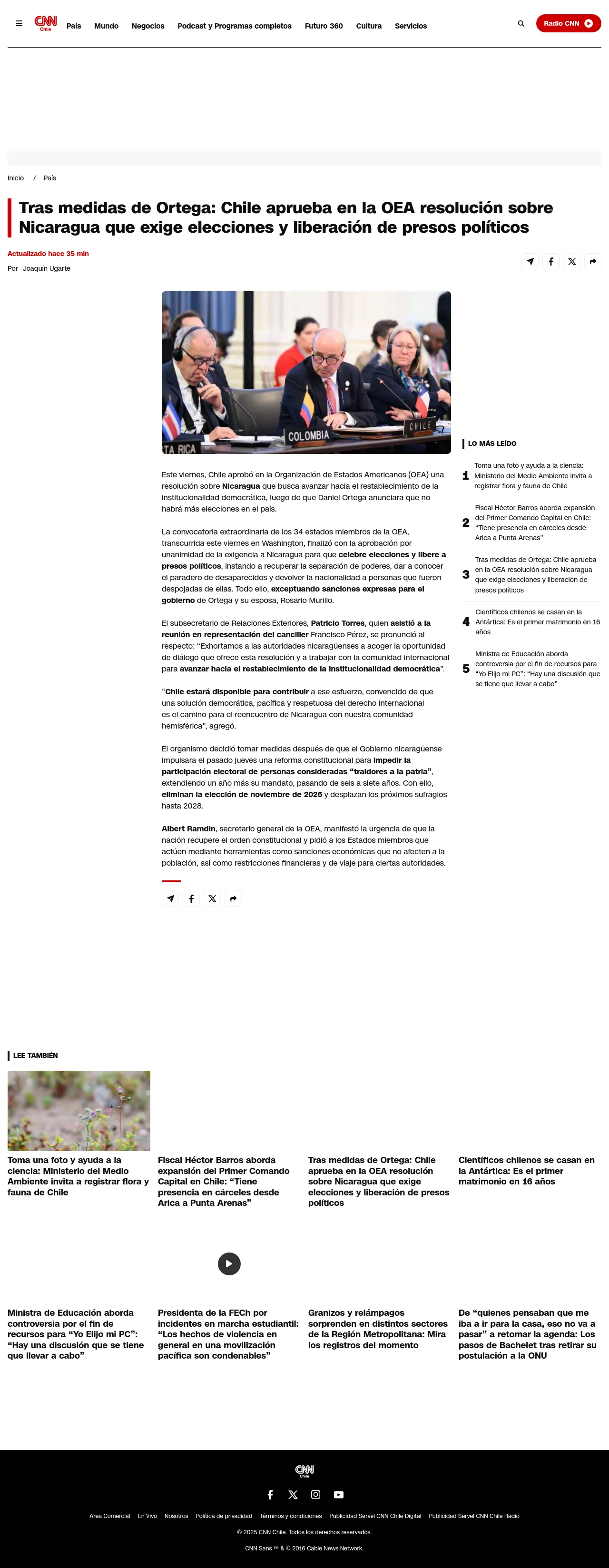 Tras medidas de Ortega: Chile aprueba en la OEA resolución sobre Nicaragua que exige elecciones y liberación de presos políticos
