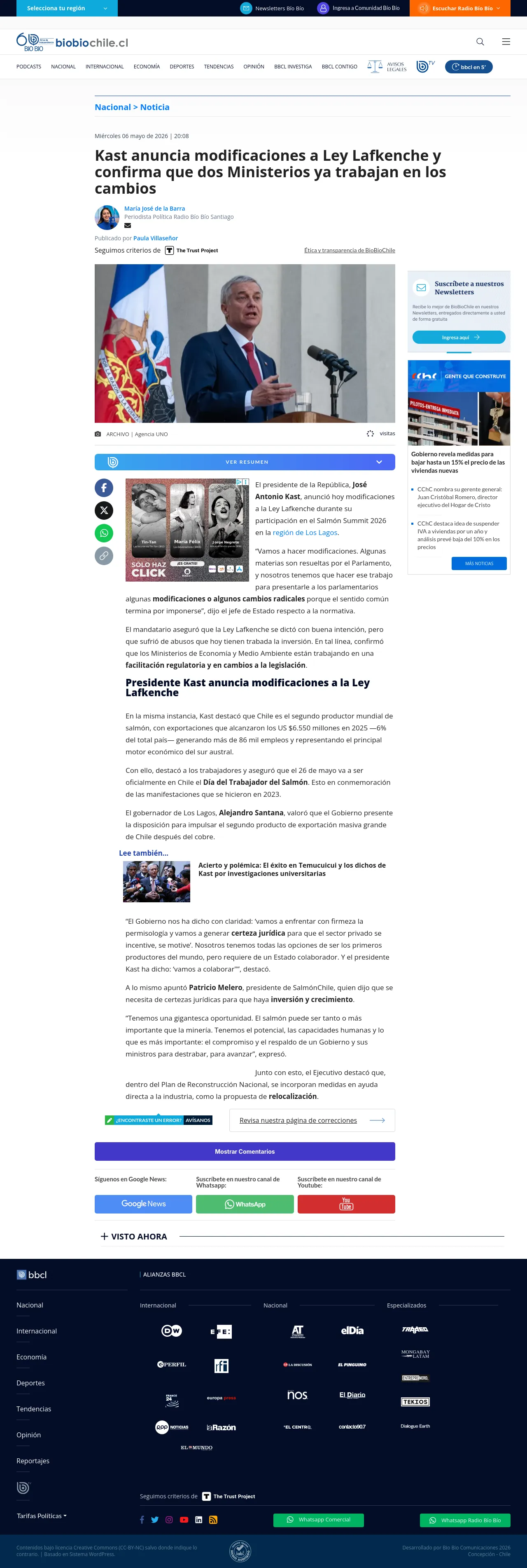 Kast anuncia modificaciones a Ley Lafkenche y confirma que dos Ministerios ya trabajan en los cambios