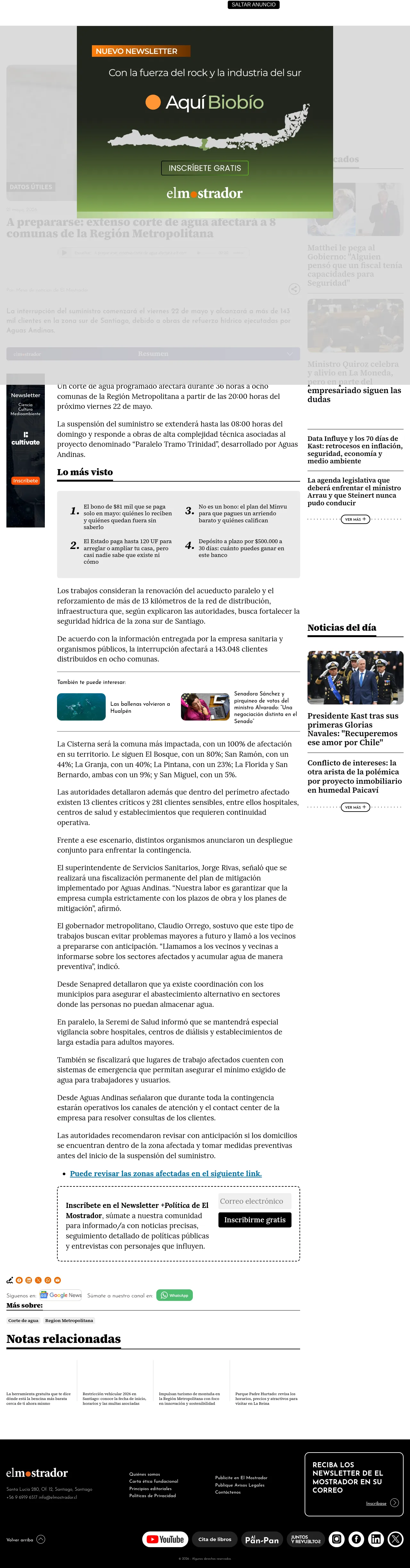 A prepararse: extenso corte de agua afectará a 8 comunas de la Región Metropolitana