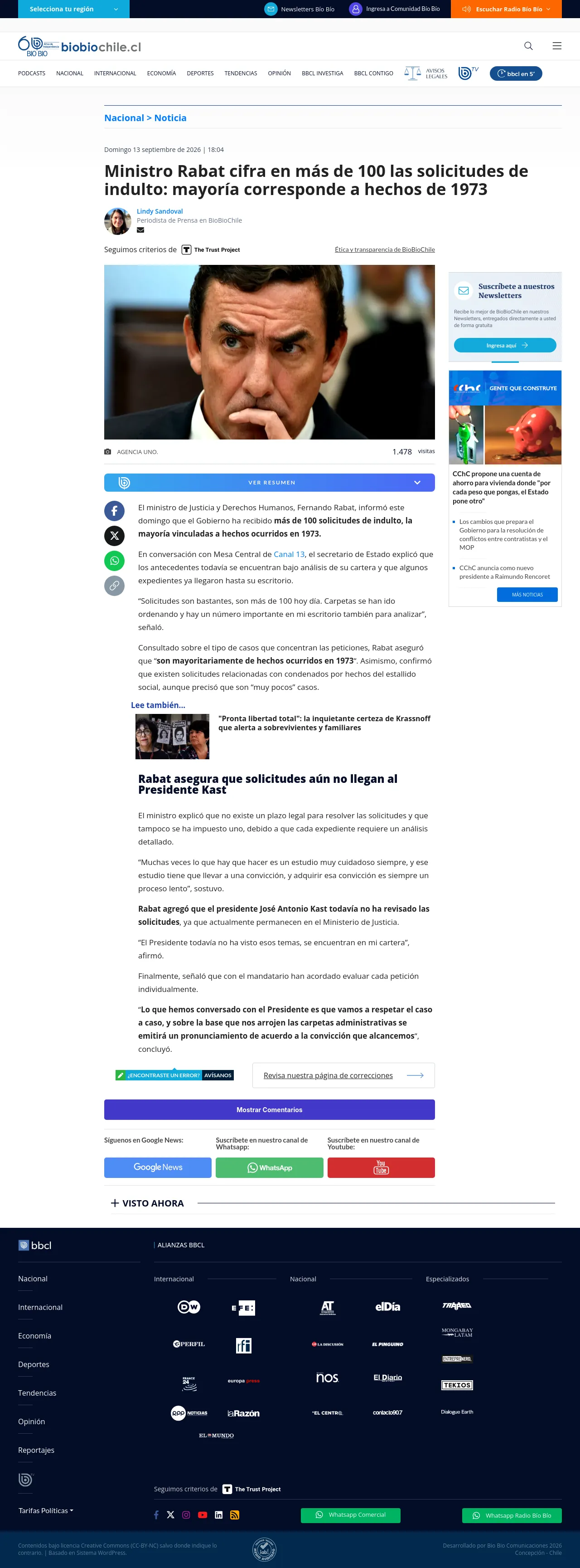Ministro Rabat cifra en más de 100 las solicitudes de indulto: mayoría corresponde a hechos de 1973