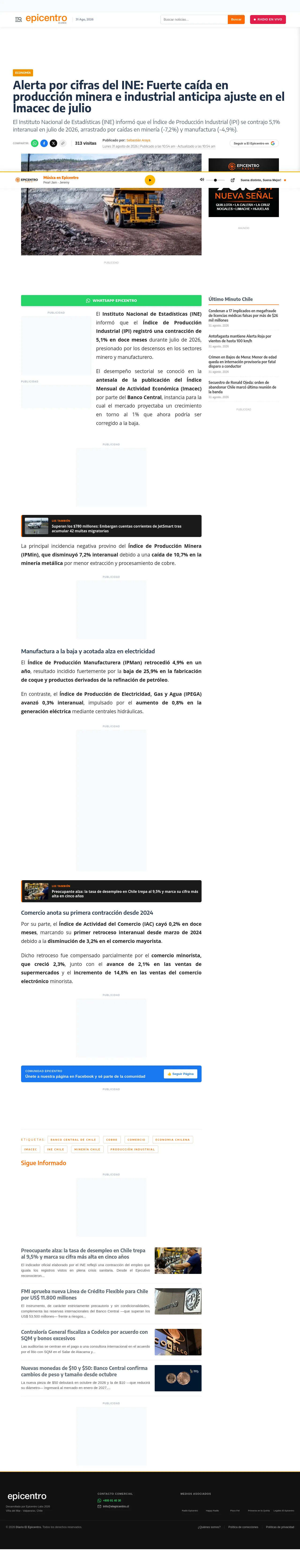 Alerta por cifras del INE: Fuerte caída en producción minera e industrial anticipa ajuste en el Imacec de julio