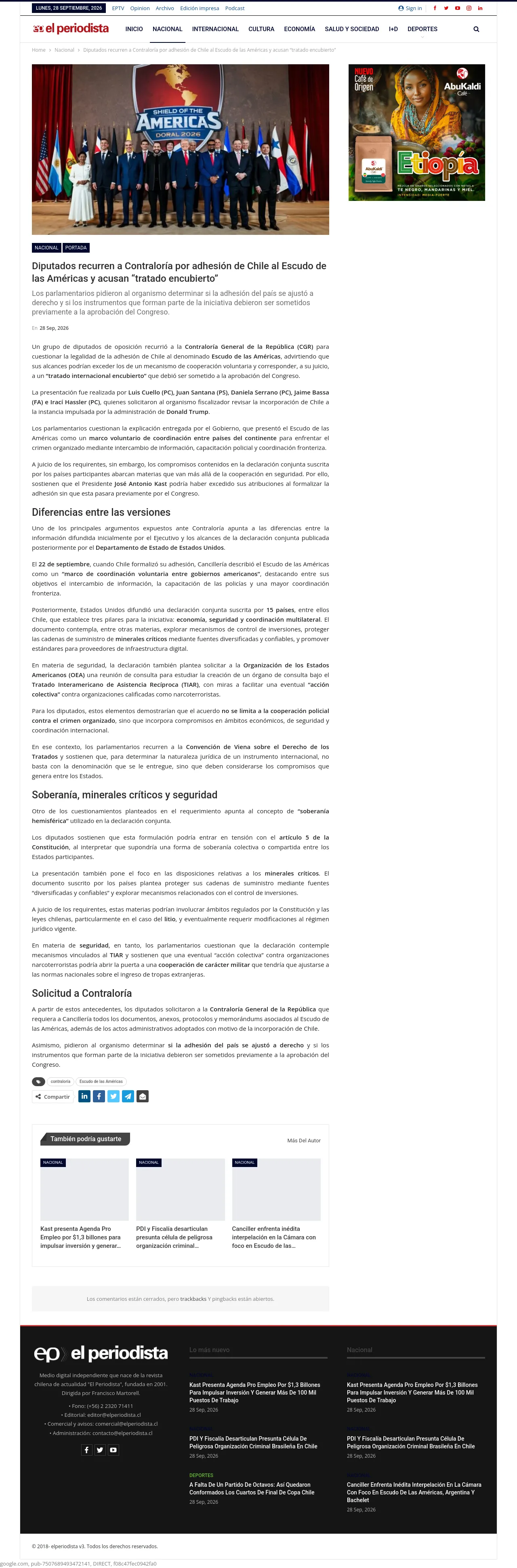 Diputados recurren a Contraloría por adhesión de Chile al Escudo de las Américas y acusan “tratado encubierto”