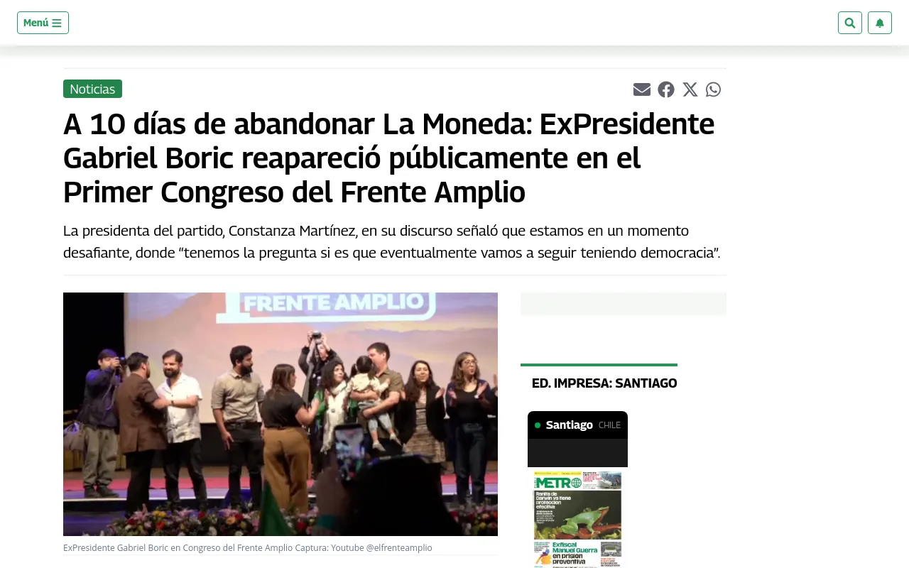 A 10 días de abandonar La Moneda: ExPresidente Gabriel Boric reapareció públicamente en el Primer Congreso del Frente Amplio