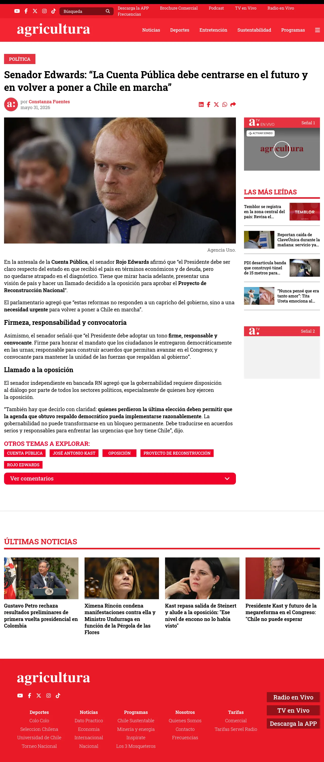 Senador Edwards: “La Cuenta Pública debe centrarse en el futuro y en volver a poner a Chile en marcha”