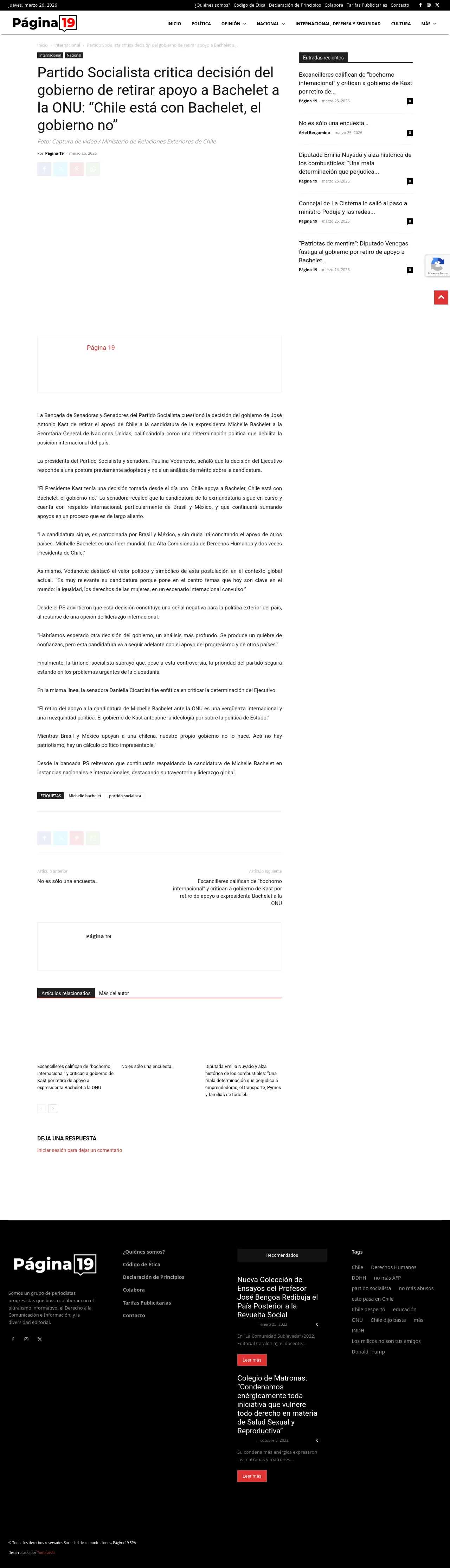 Partido Socialista critica decisión del gobierno de retirar apoyo a Bachelet a la ONU: “Chile está con Bachelet, el gobierno no”