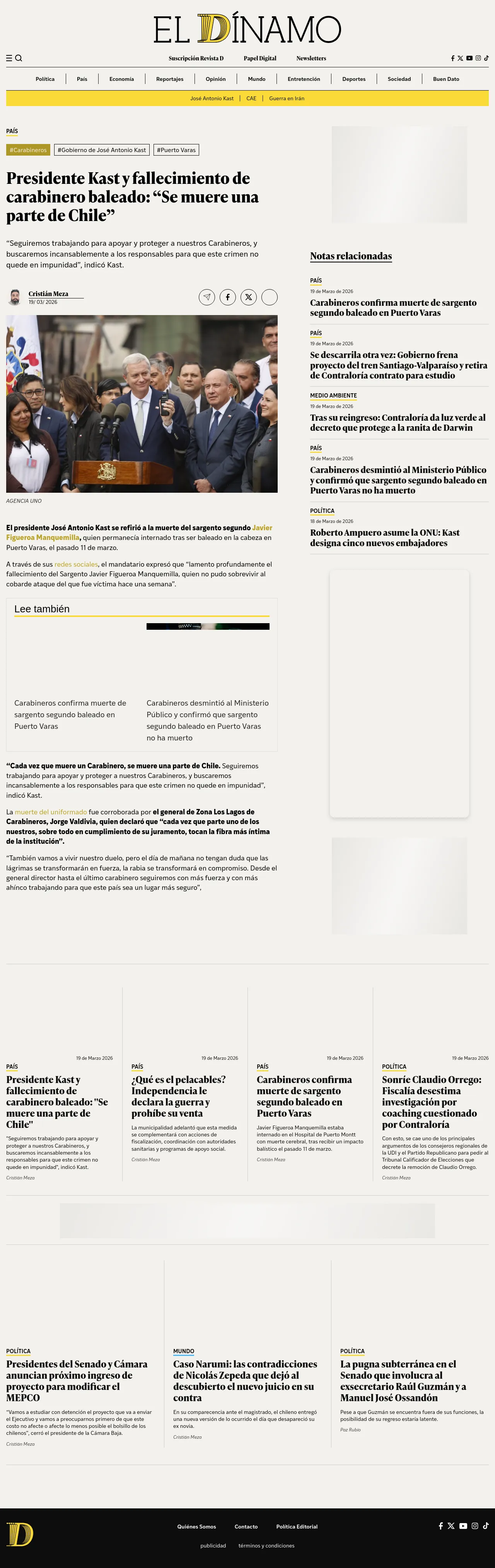 Presidente Kast y fallecimiento de carabinero baleado: “Se muere una parte de Chile”