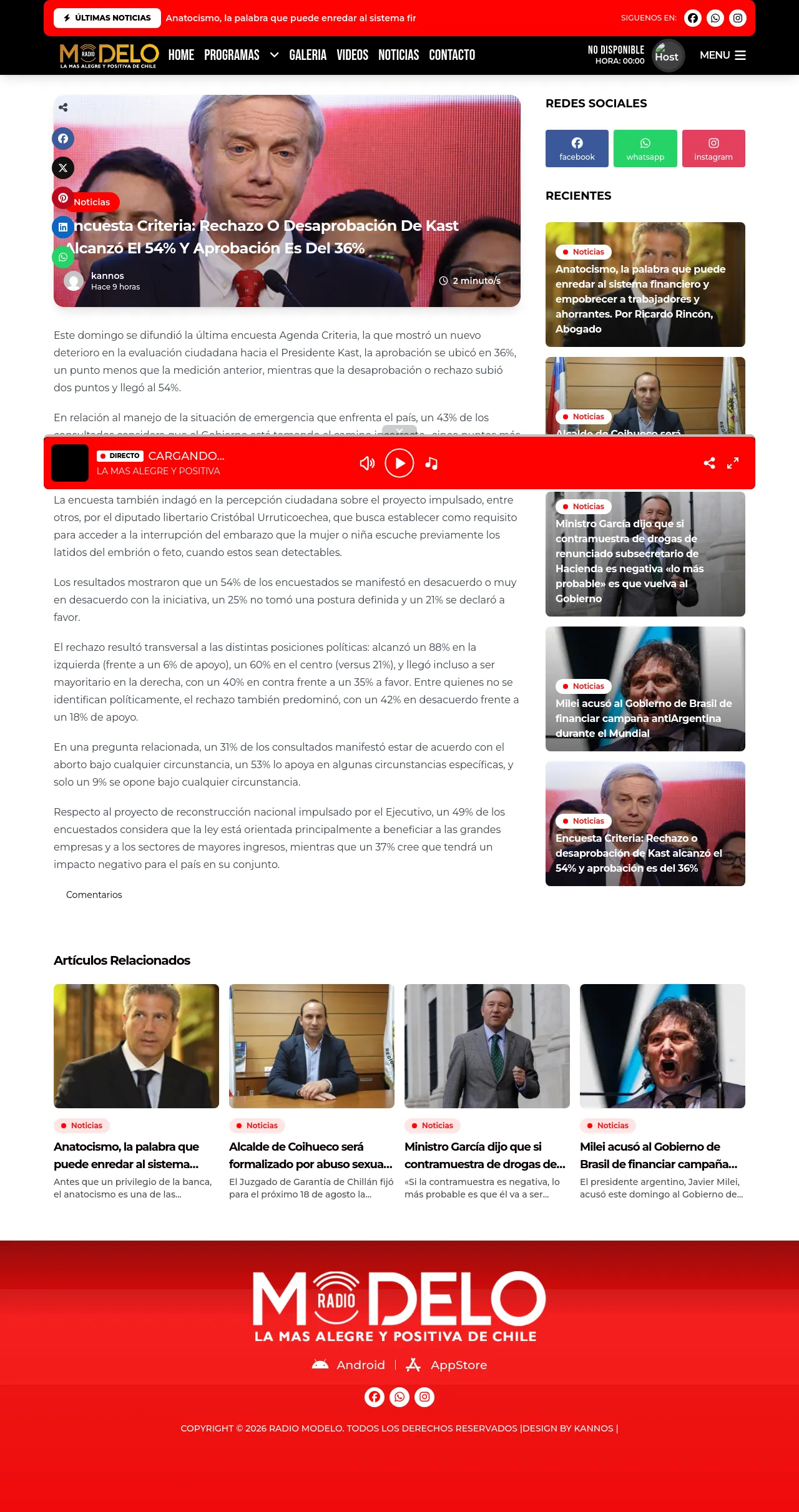 Encuesta Criteria: Rechazo o desaprobación de Kast alcanzó el 54% y aprobación es del 36%