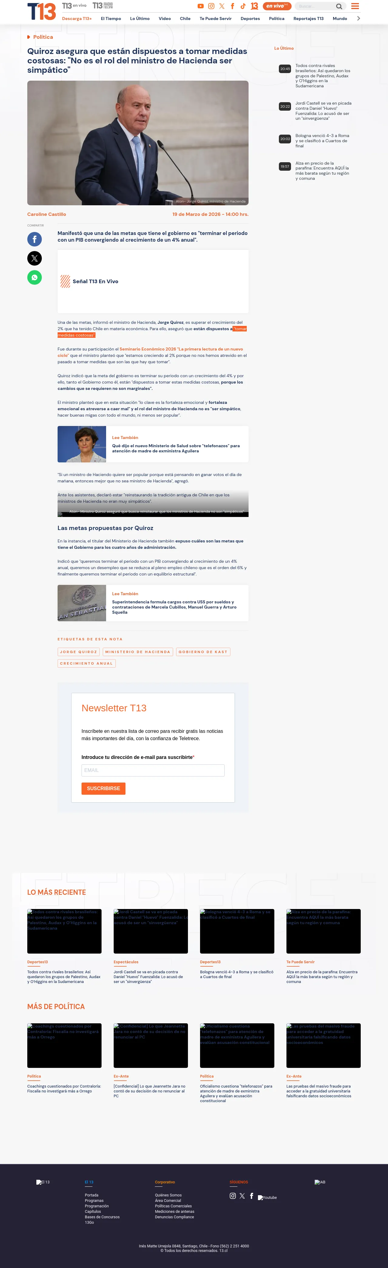 Quiroz asegura que están dispuestos a tomar medidas costosas: "No es el rol del ministro de Hacienda ser simpático"