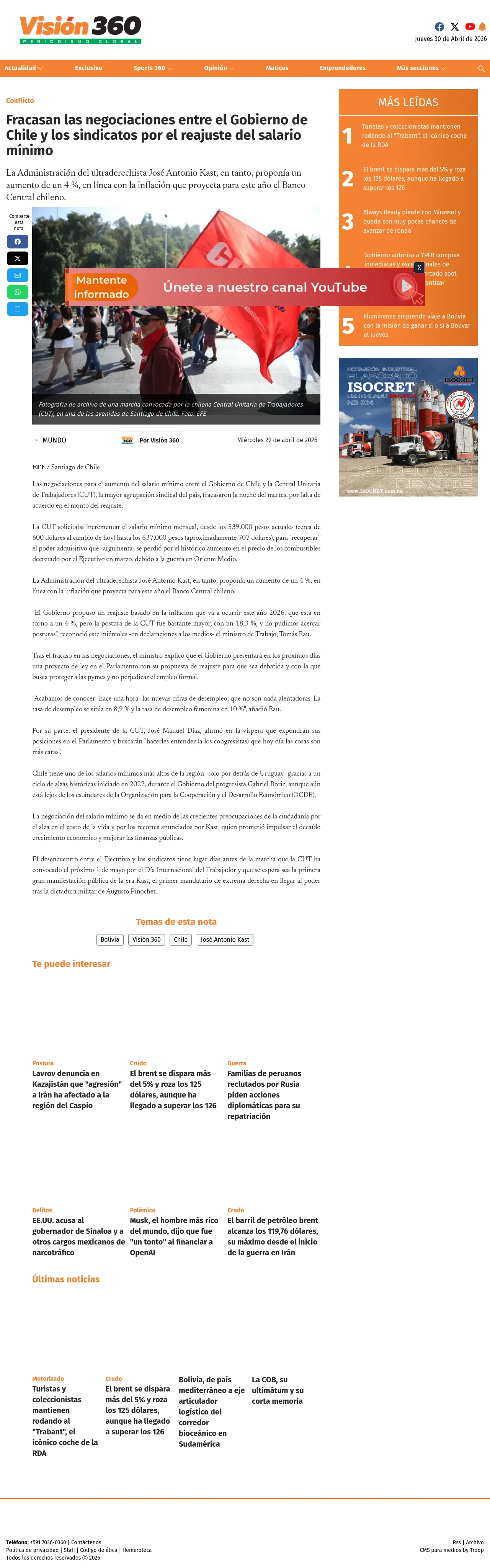 Fracasan las negociaciones entre el Gobierno de Chile y los sindicatos por el reajuste del salario mínimo