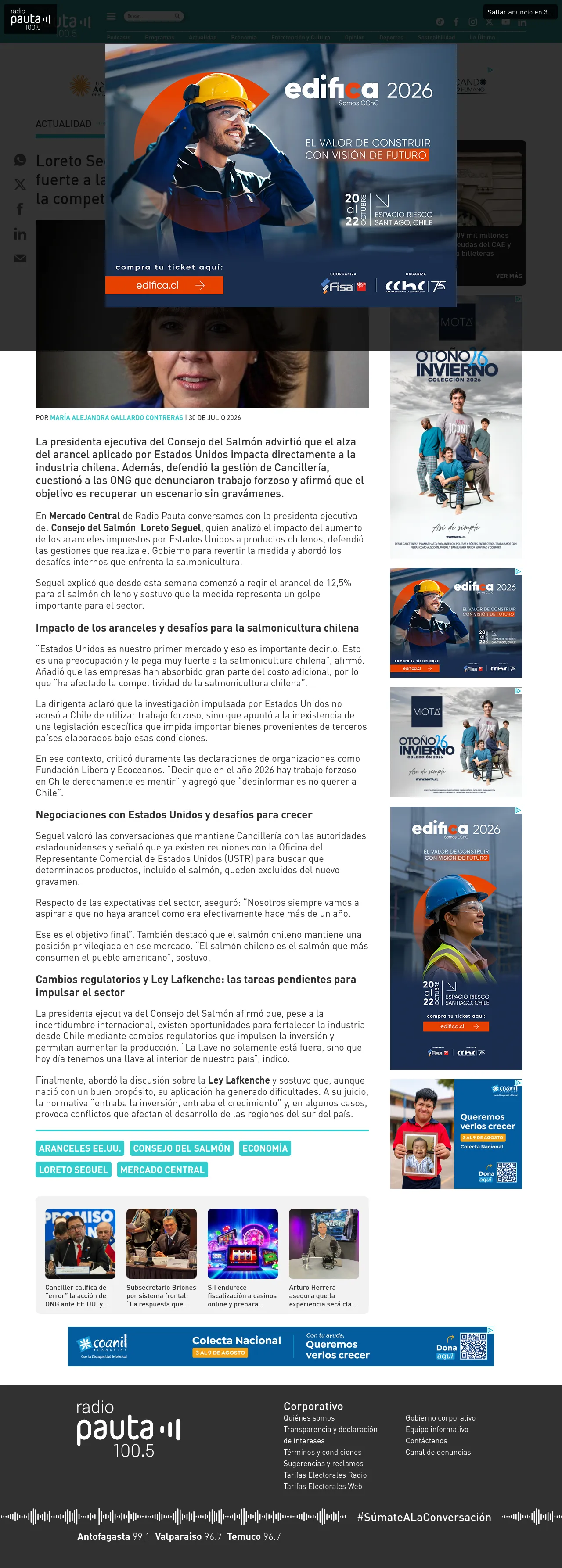 Loreto Seguel sobre aranceles: “Le pega muy fuerte a la salmonicultura chilena; ha afectado la competitividad \[del sector\]”