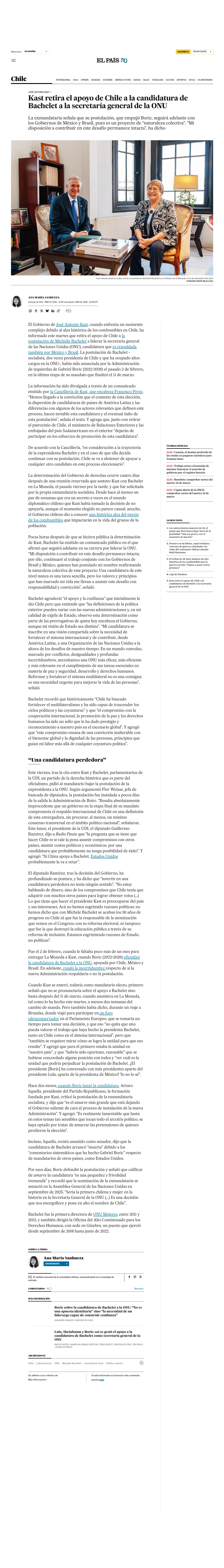 Kast retira el apoyo de Chile a la candidatura de Bachelet a la secretaría general de la ONU