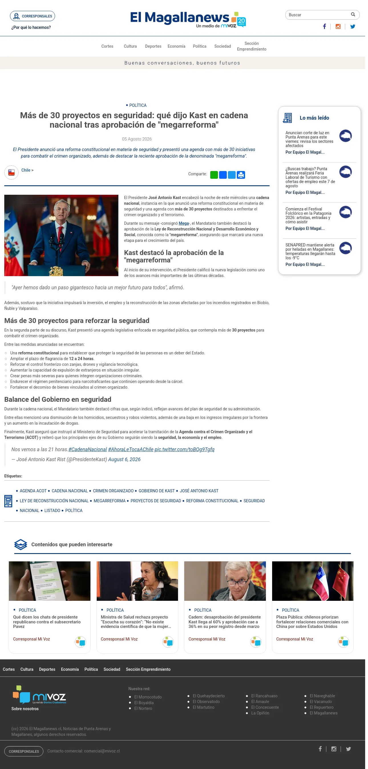 Más de 30 proyectos en seguridad: qué dijo Kast en cadena nacional tras aprobación de "megarreforma"