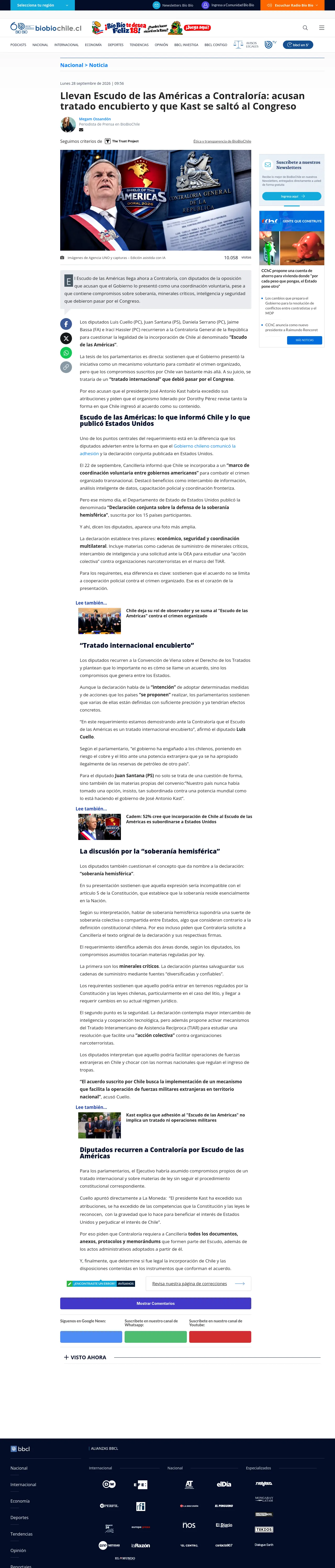 Llevan Escudo de las Américas a Contraloría: acusan tratado encubierto y que Kast se saltó al Congreso