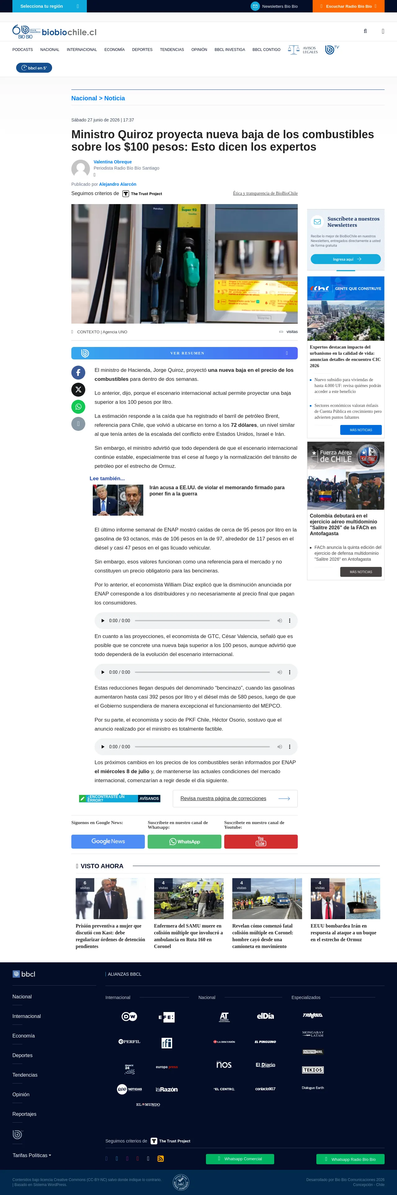 Ministro Quiroz proyecta nueva baja de los combustibles sobre los $100 pesos: Esto dicen los expertos