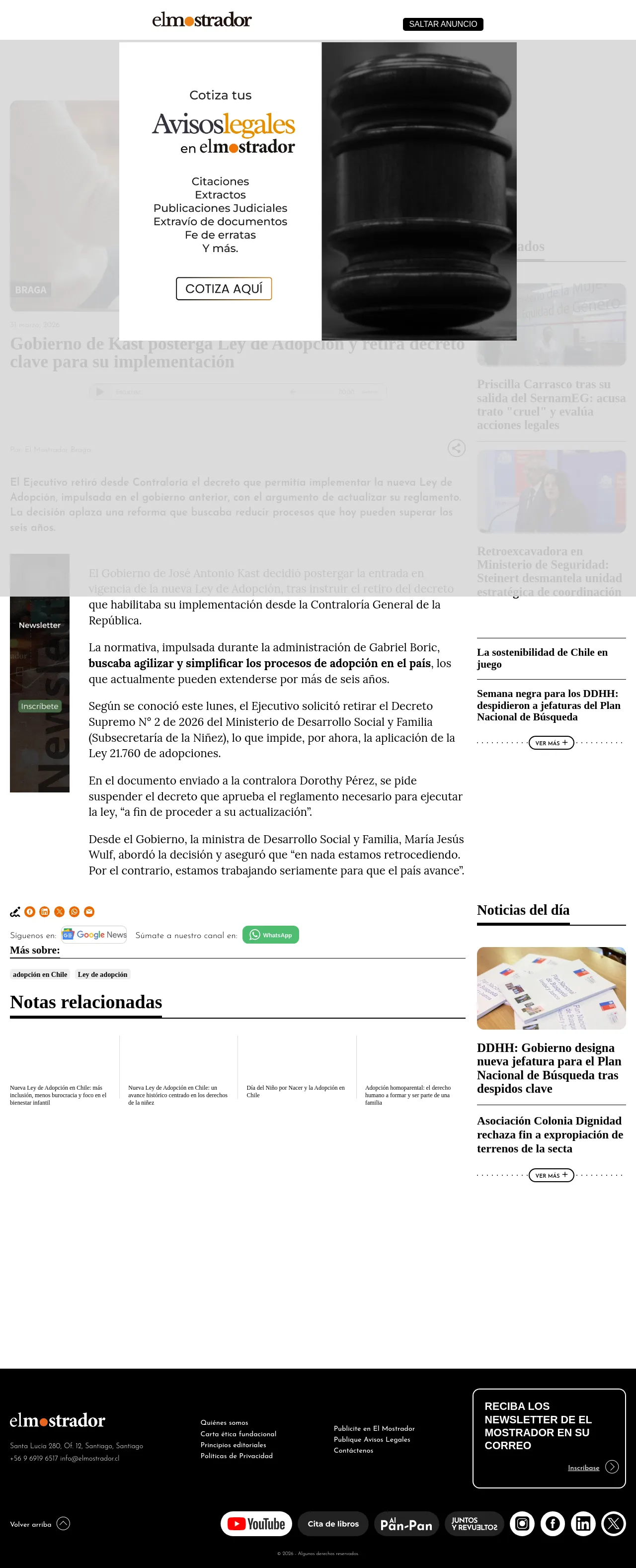 Gobierno de Kast posterga Ley de Adopción y retira decreto clave para su implementación