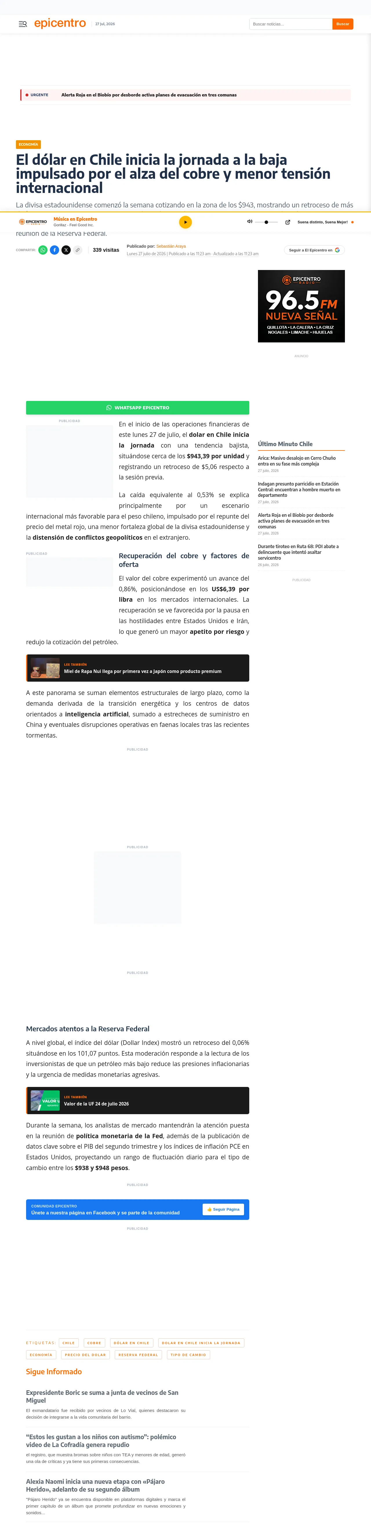 El dólar en Chile inicia la jornada a la baja impulsado por el alza del cobre y menor tensión internacional
