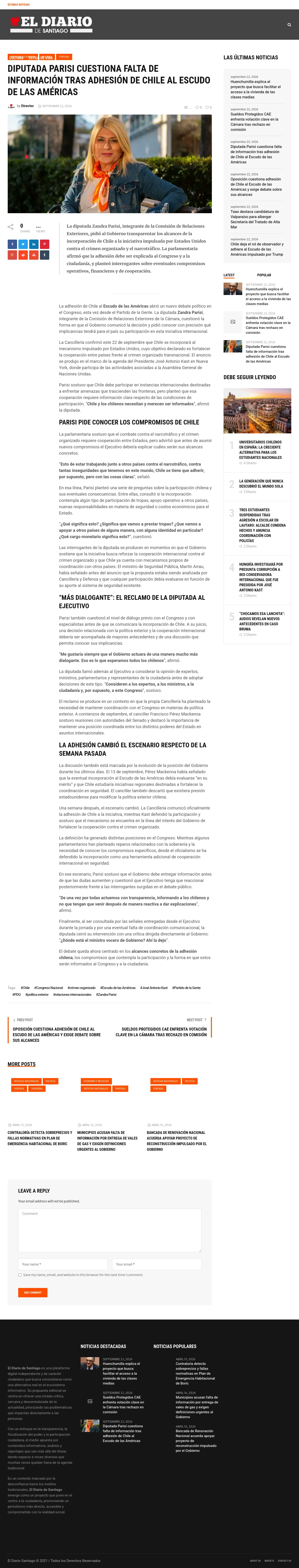 Diputada Parisi cuestiona falta de información tras adhesión de Chile al Escudo de las Américas