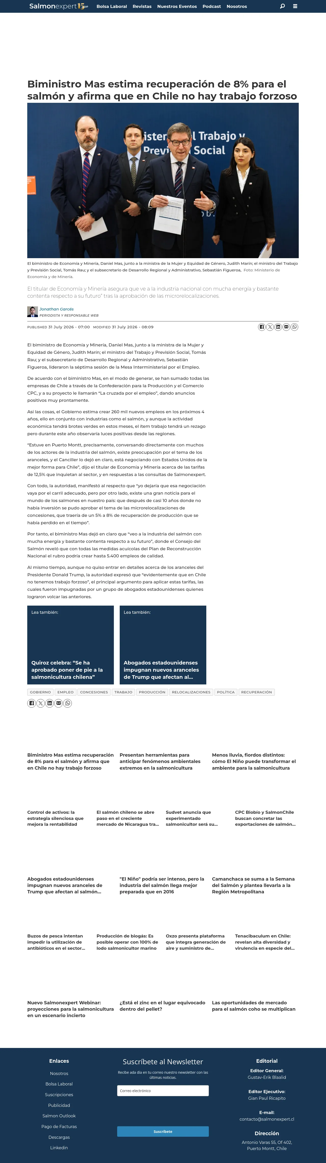 Biministro Mas estima recuperación de 8% para el salmón y afirma que en Chile no hay trabajo forzoso
