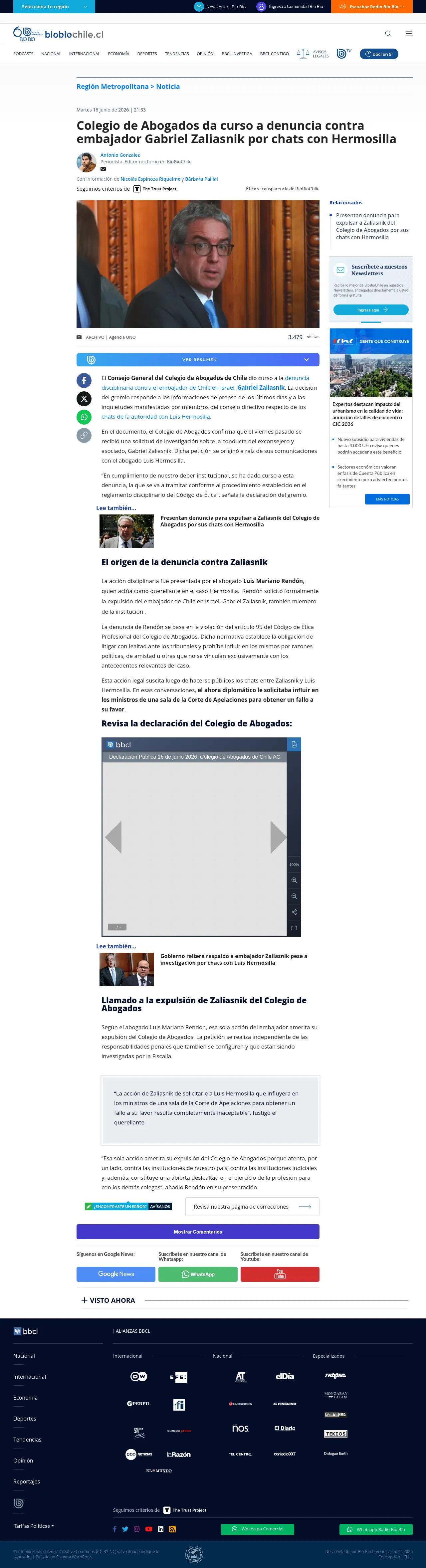 Colegio de Abogados da curso a denuncia contra embajador Gabriel Zaliasnik por chats con Hermosilla
