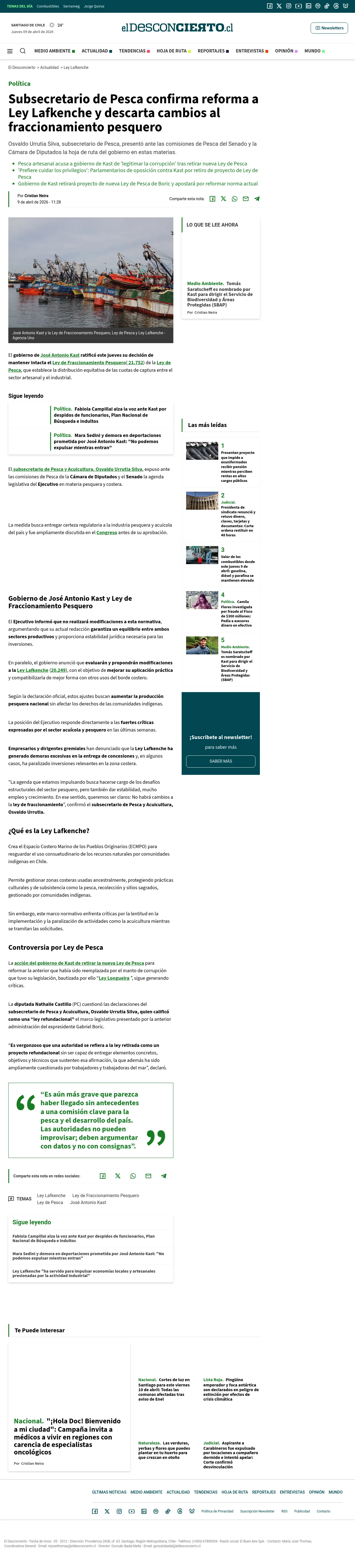 Subsecretario de Pesca confirma reforma a Ley Lafkenche y descarta cambios al fraccionamiento pesquero