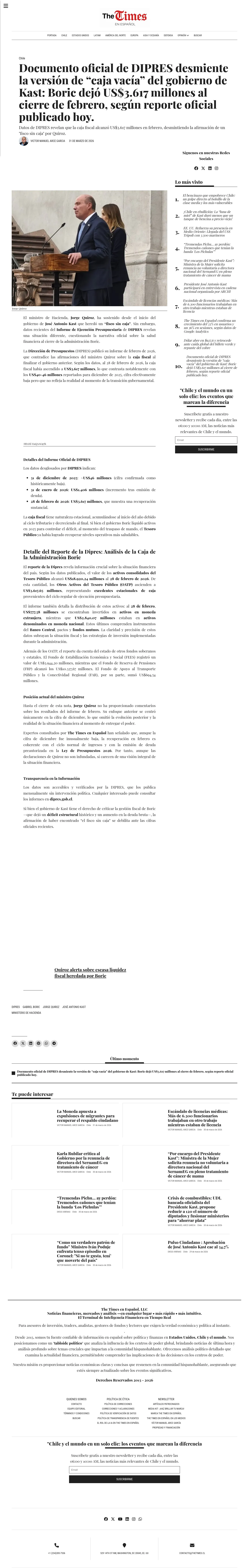 Documento oficial de DIPRES desmiente la versión de “caja vacía” del gobierno de Kast: Boric dejó US$3.617 millones al cierre de febrero, según reporte oficial publicado hoy.