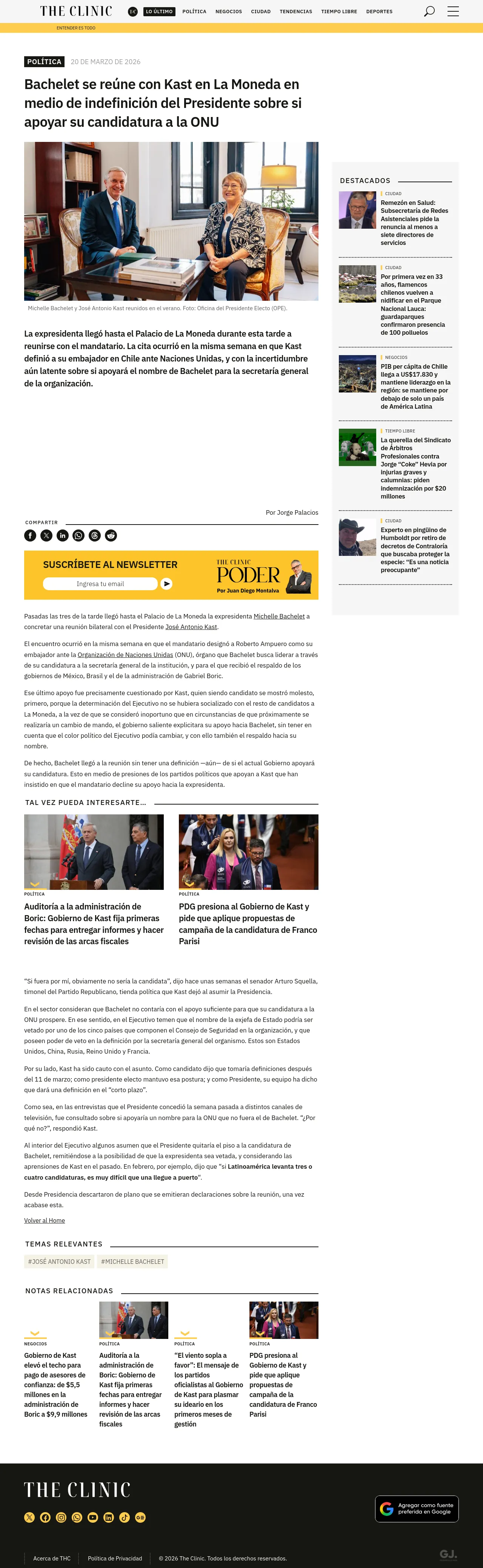 Bachelet se reúne con Kast en La Moneda en medio de indefinición del Presidente sobre si apoyar su candidatura a la ONU