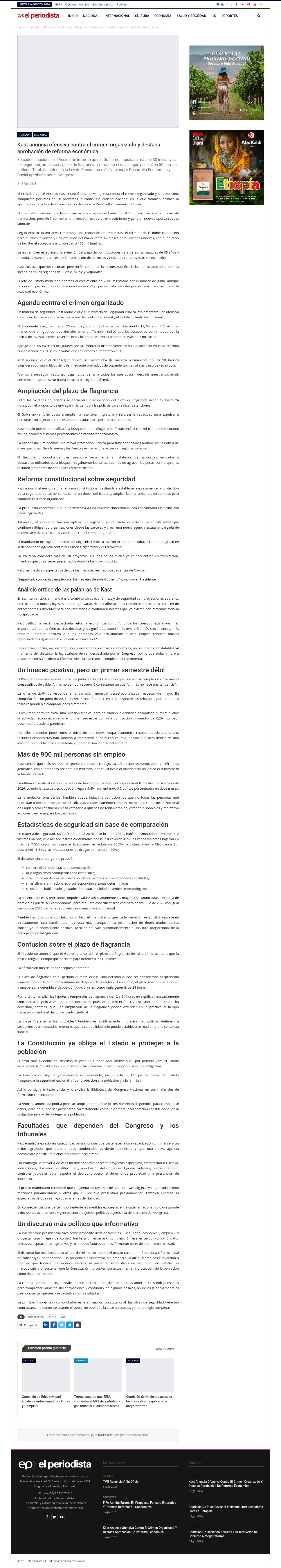 Kast anuncia ofensiva contra el crimen organizado y destaca aprobación de reforma económica