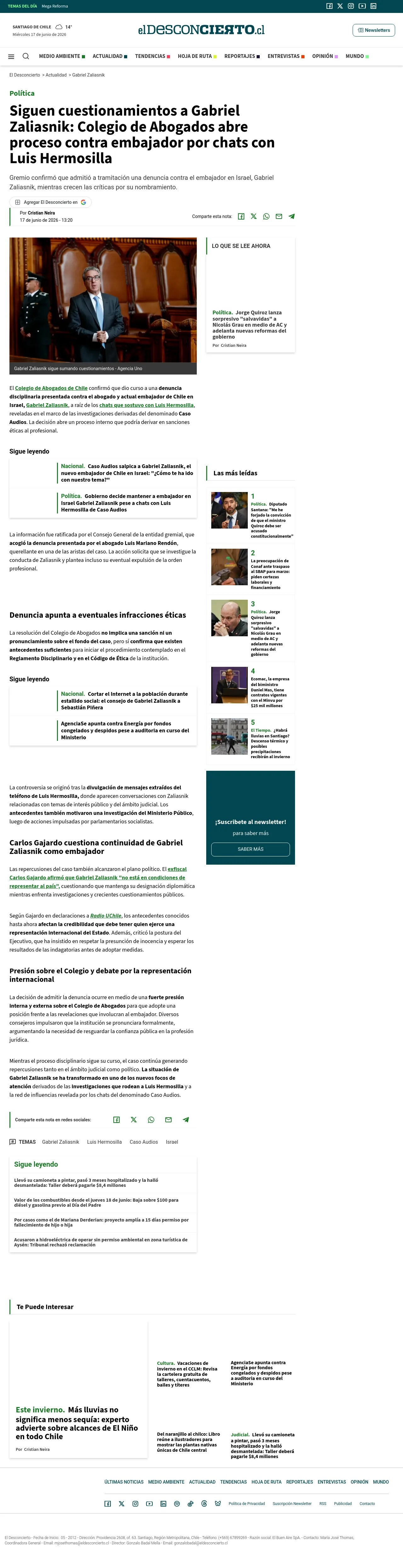Siguen cuestionamientos a Gabriel Zaliasnik: Colegio de Abogados abre proceso contra embajador por chats con Luis Hermosilla