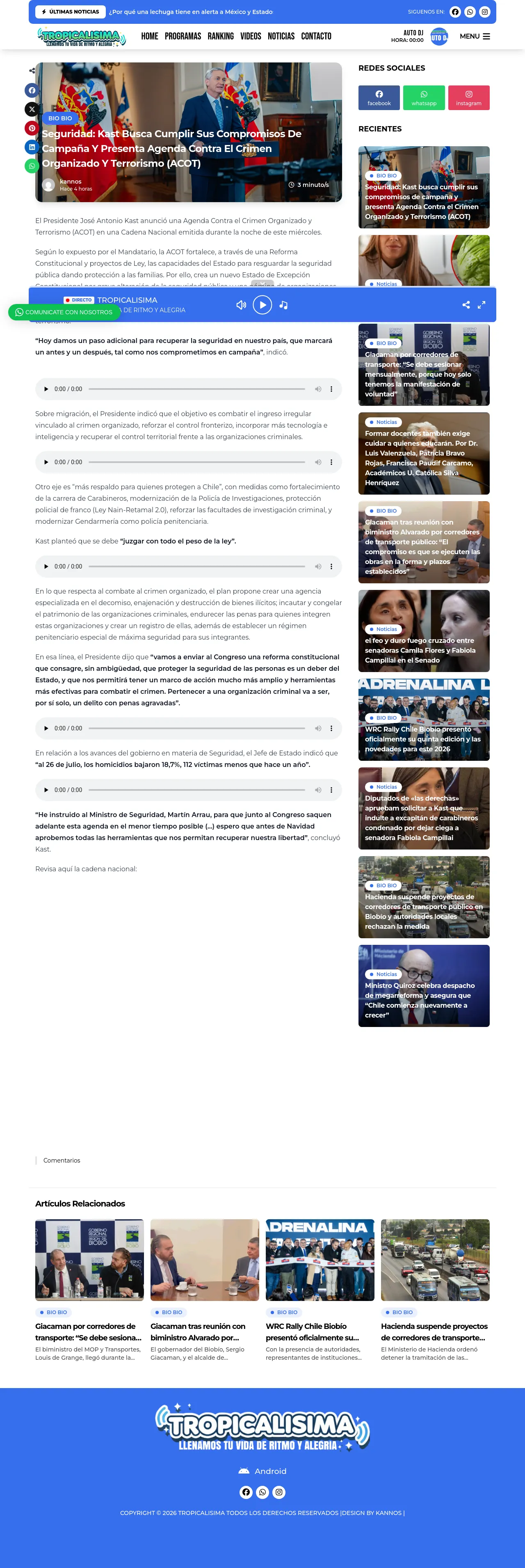 Seguridad: Kast busca cumplir sus compromisos de campaña y presenta Agenda Contra el Crimen Organizado y Terrorismo (ACOT)