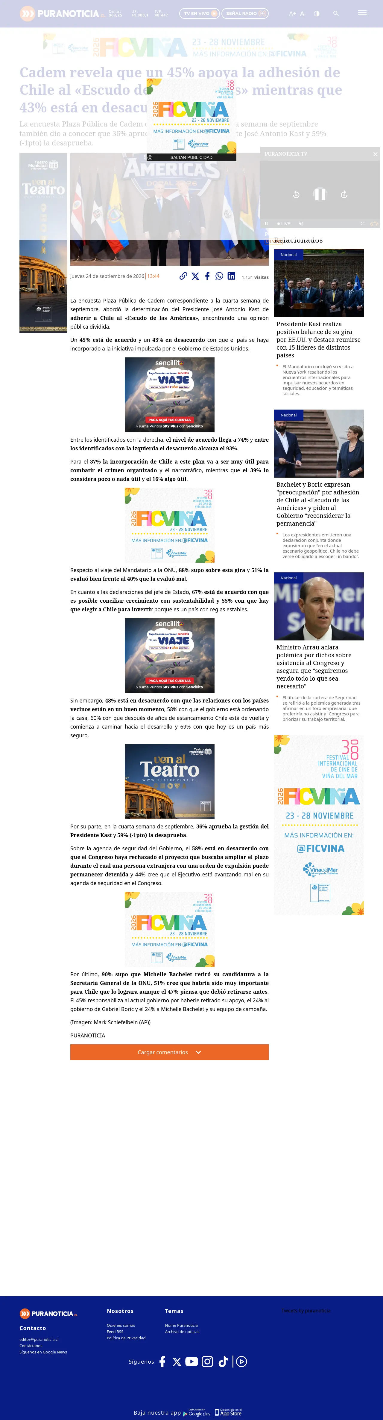 Cadem revela que un 45% apoya la adhesión de Chile al «Escudo de las Américas» mientras que 43% está en desacuerdo