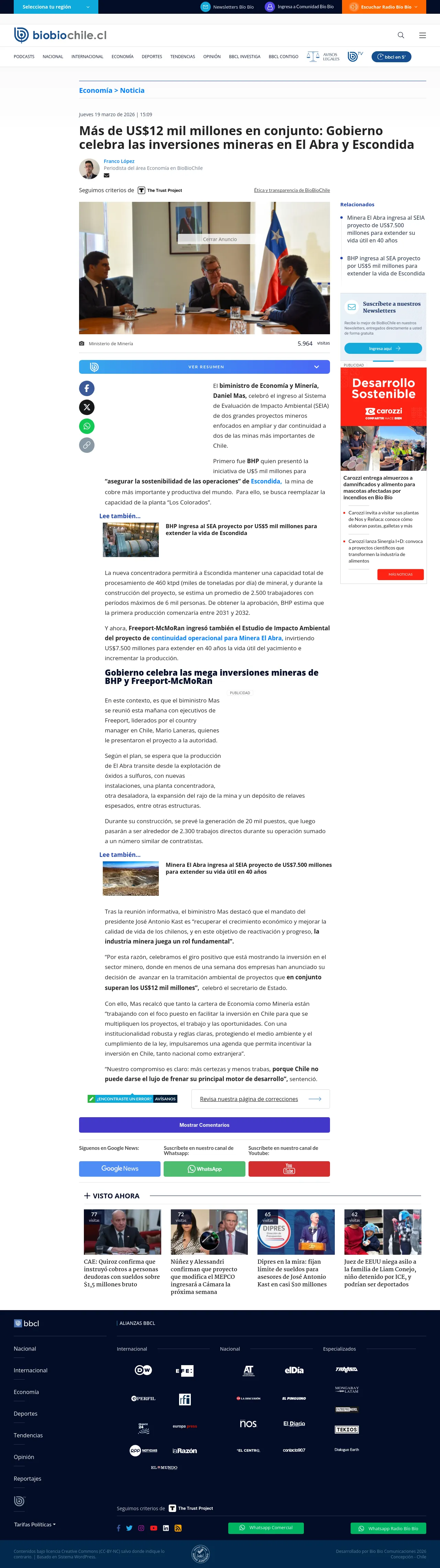 Más de US$12 mil millones en conjunto: Gobierno celebra las inversiones mineras en El Abra y Escondida