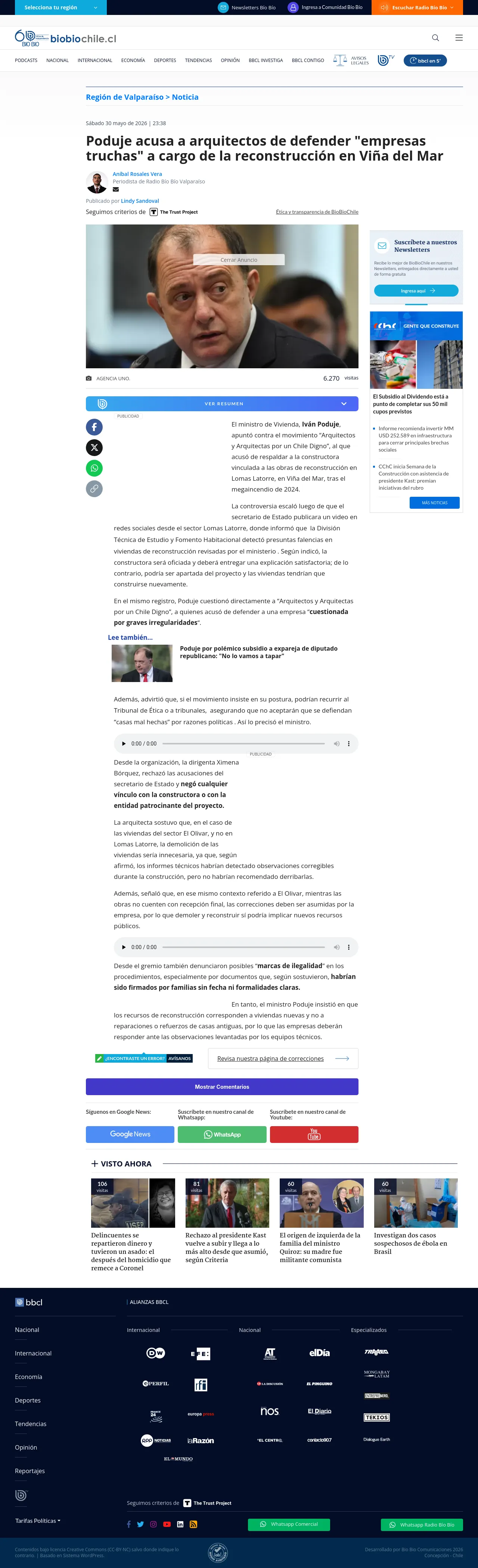 Poduje acusa a arquitectos de defender "empresas truchas" a cargo de la reconstrucción en Viña del Mar