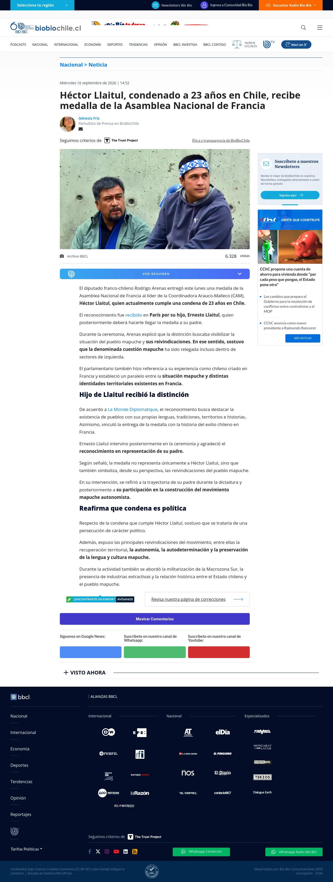 Héctor Llaitul, condenado a 23 años en Chile, recibe medalla de la Asamblea Nacional de Francia