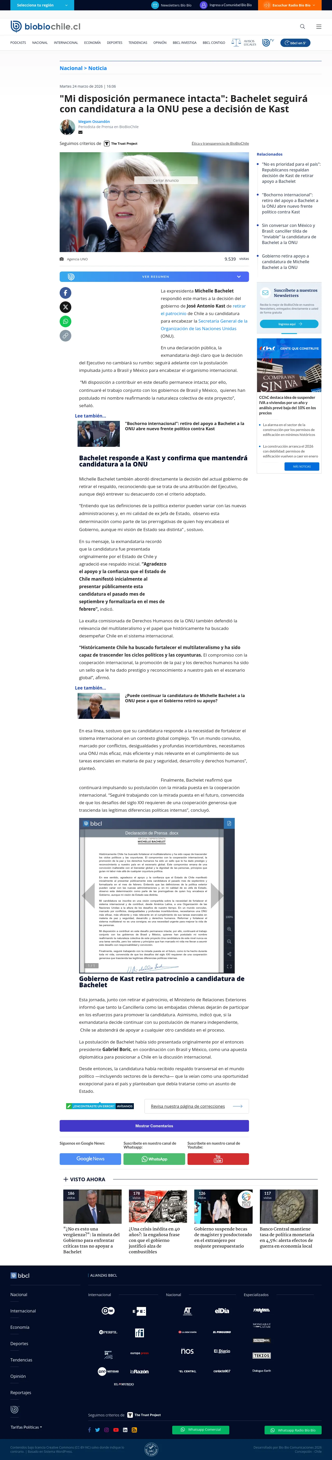 "Mi disposición permanece intacta": Bachelet seguirá con candidatura a la ONU pese a decisión de Kast