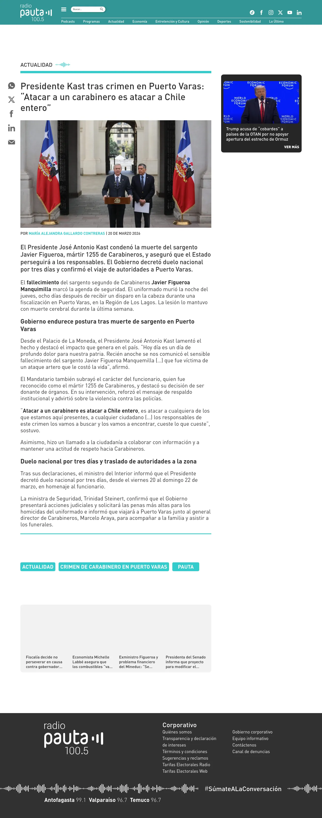 Presidente Kast por muerte de carabinero en Puerto Varas: decretan duelo nacional y prometen encontrar a responsables