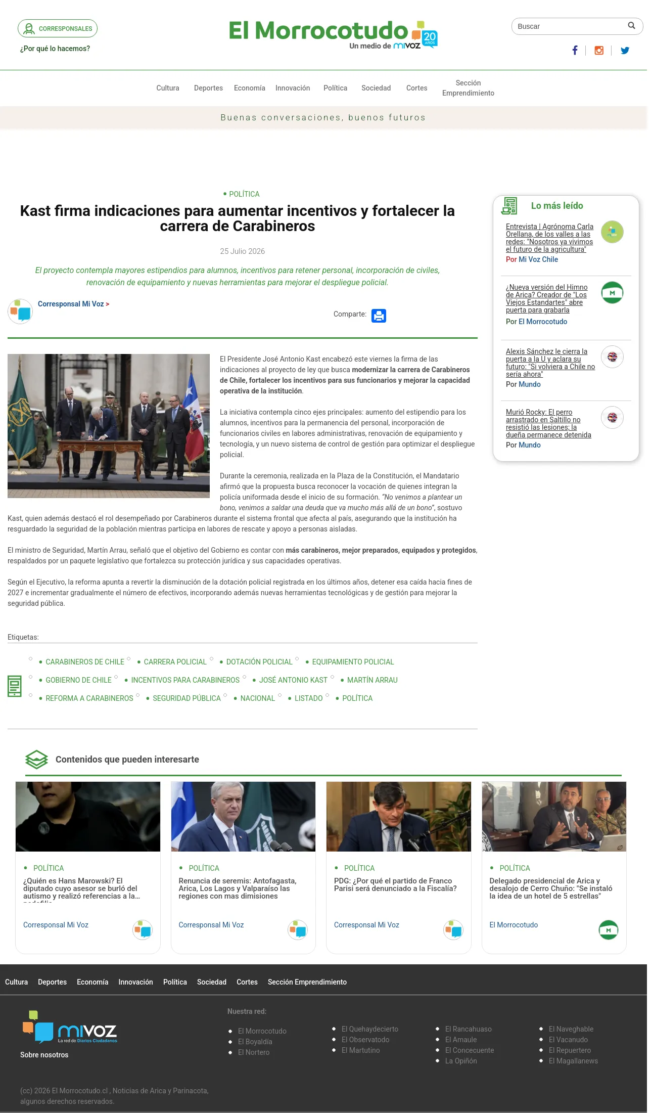 Kast firma indicaciones para aumentar incentivos y fortalecer la carrera de Carabineros
