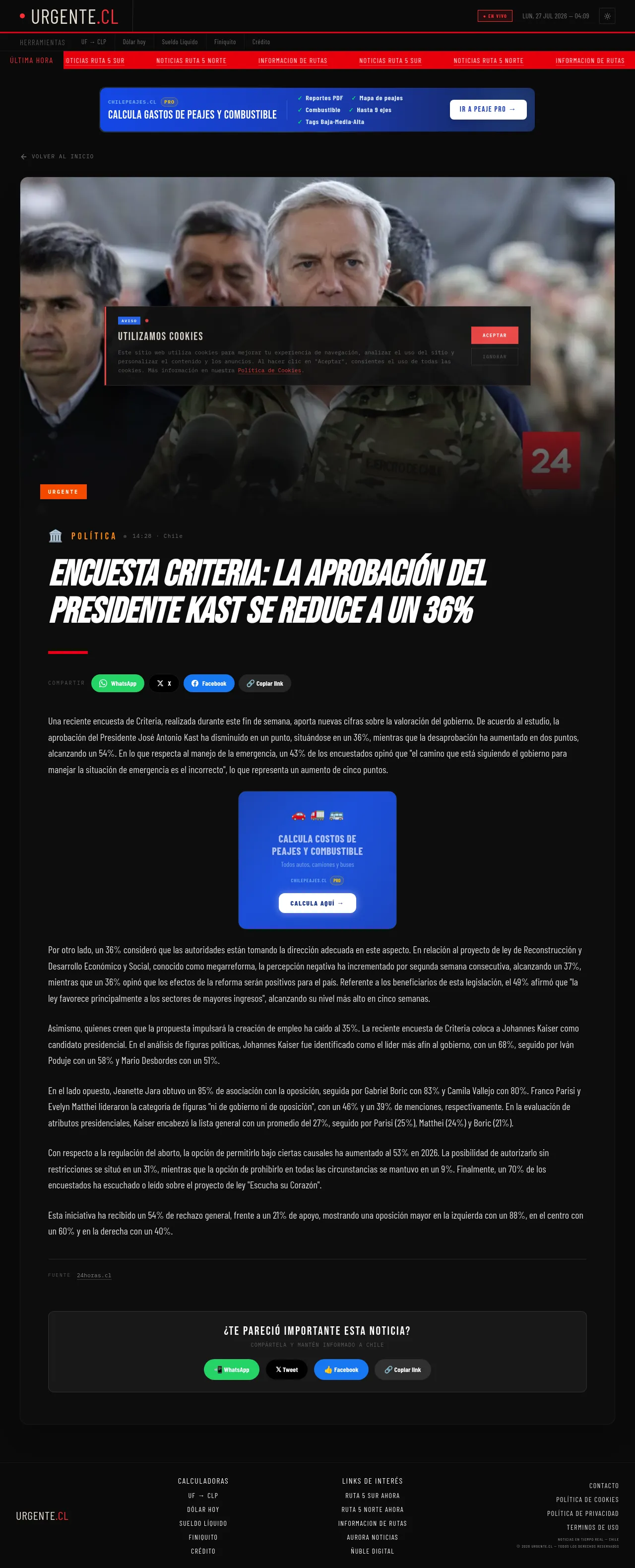 Encuesta Criteria: la aprobación del Presidente Kast se reduce a un 36%