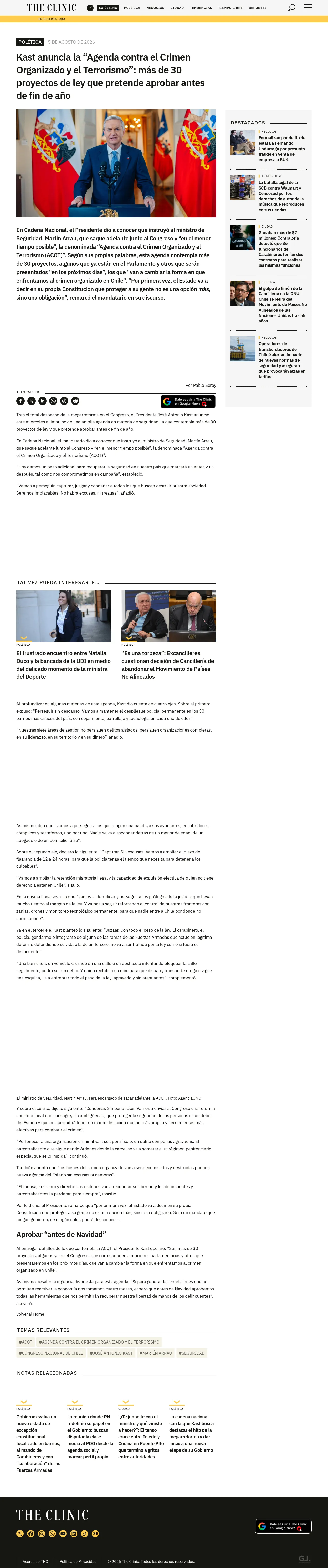 Kast anuncia la “Agenda contra el Crimen Organizado y el Terrorismo”: más de 30 proyectos de ley que pretende aprobar antes de fin de año
