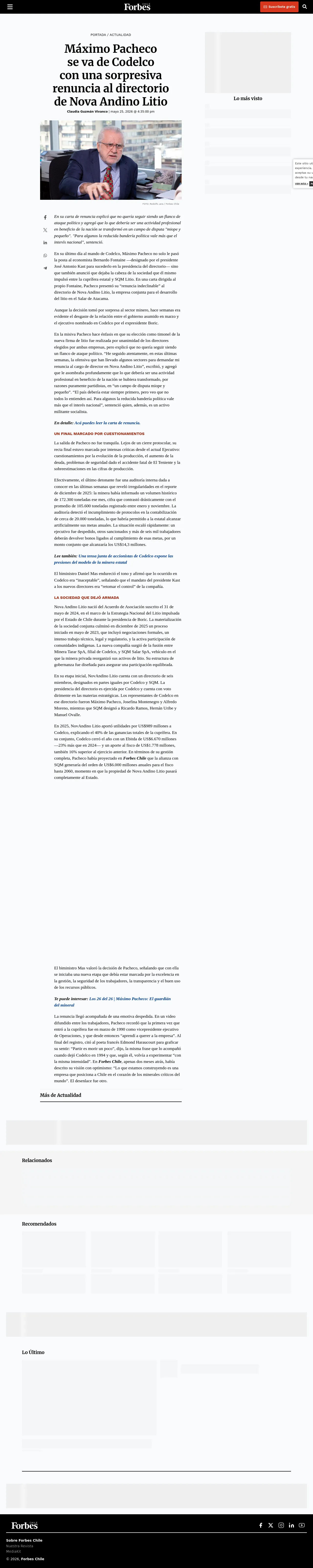 Máximo Pacheco se va de Codelco con una sorpresiva renuncia al directorio de Nova Andino Litio
