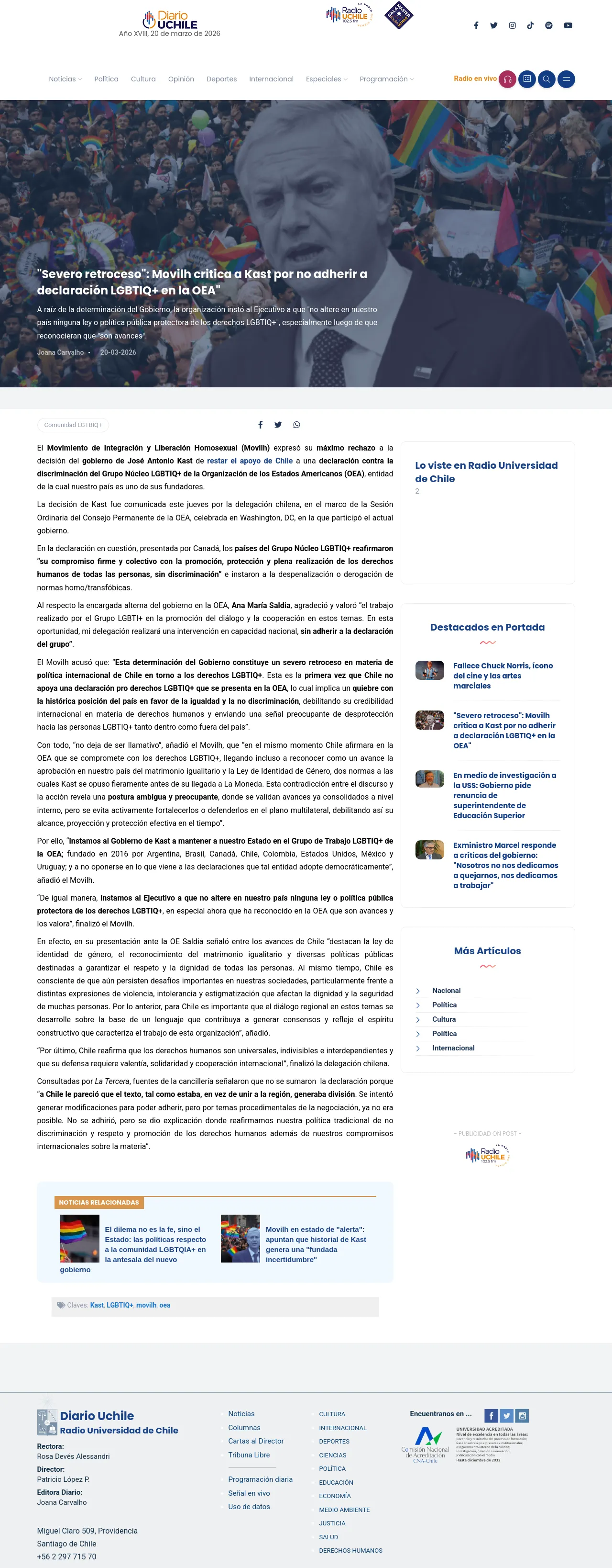 "Severo retroceso": Movilh critica a Kast por no adherir a declaración LGBTIQ+ en la OEA"