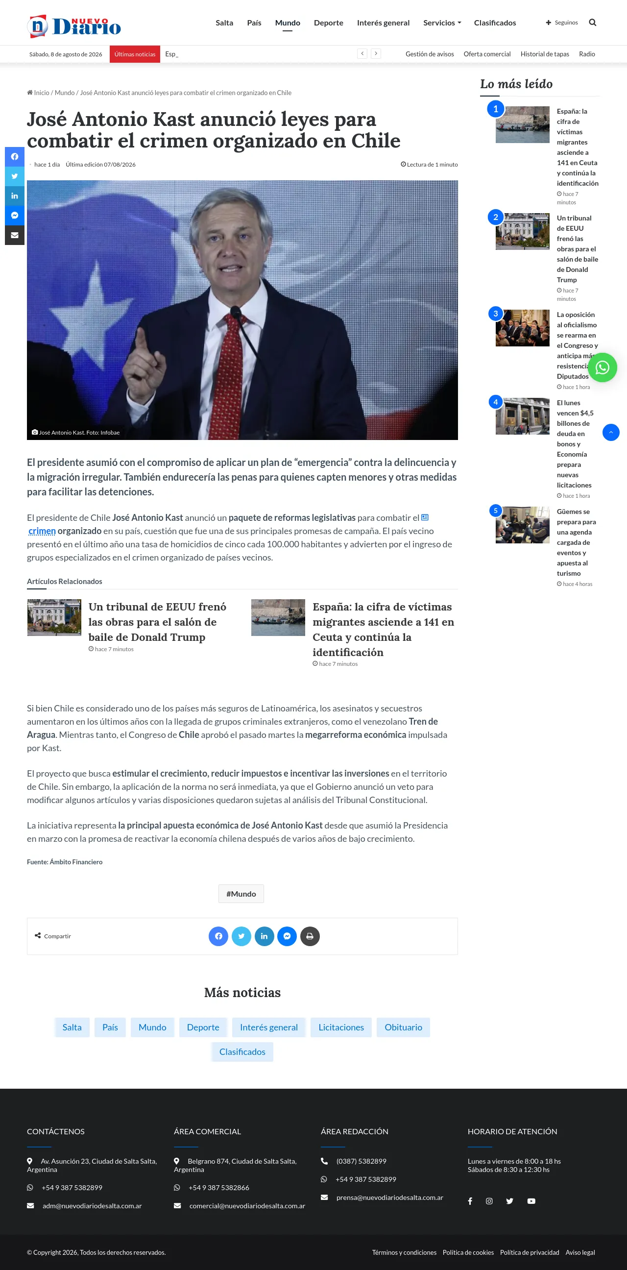 José Antonio Kast anunció leyes para combatir el crimen organizado en Chile - Nuevo Diario de Salta