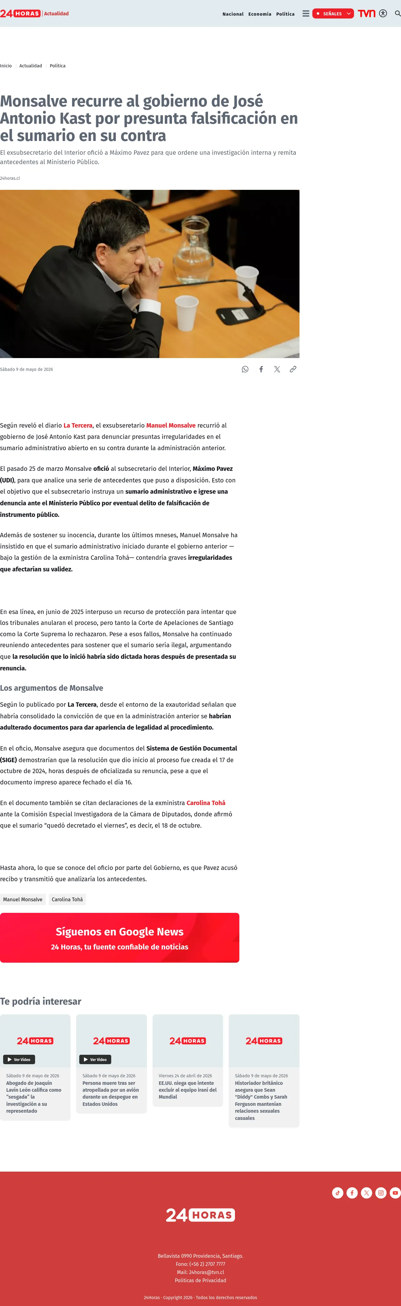 Monsalve recurre al gobierno de José Antonio Kast por presunta falsificación en el sumario en su contra