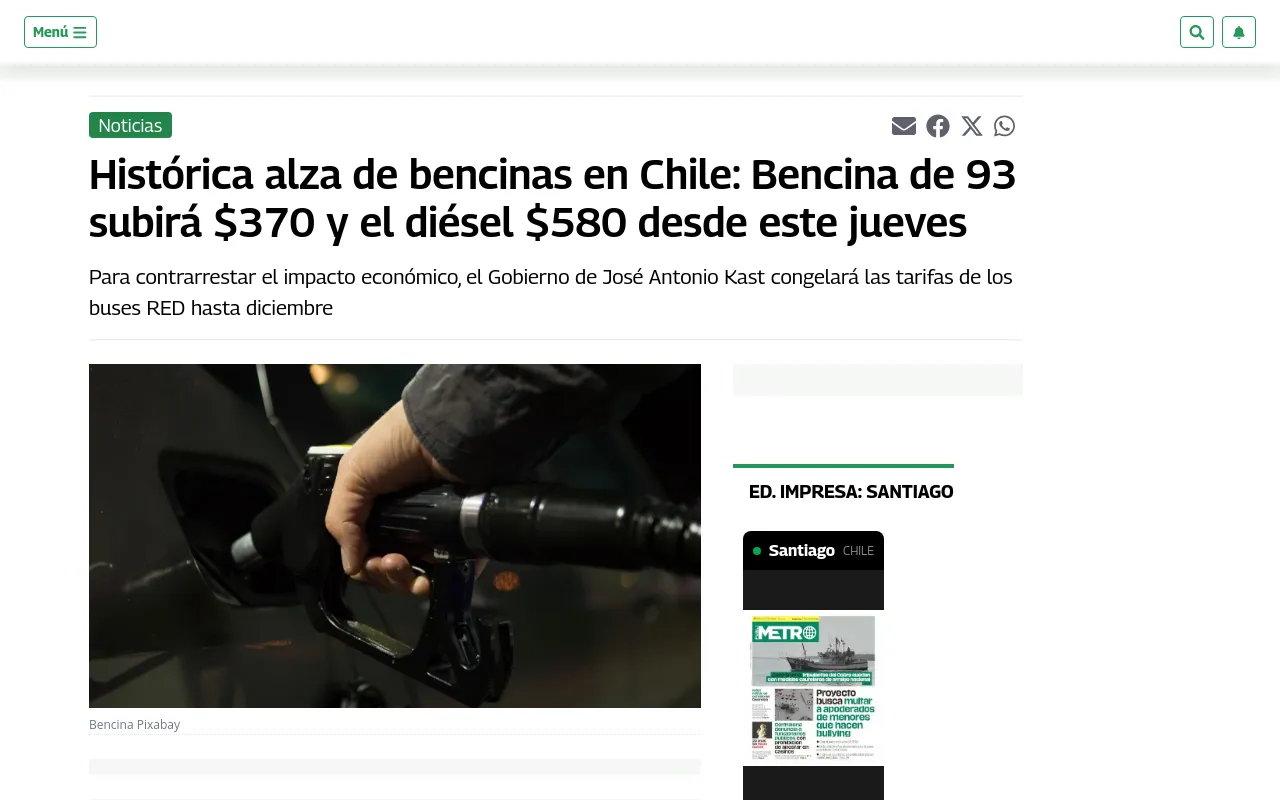 Histórica alza de bencinas en Chile: Bencina de 93 subirá $370 y el diésel $580 desde este jueves