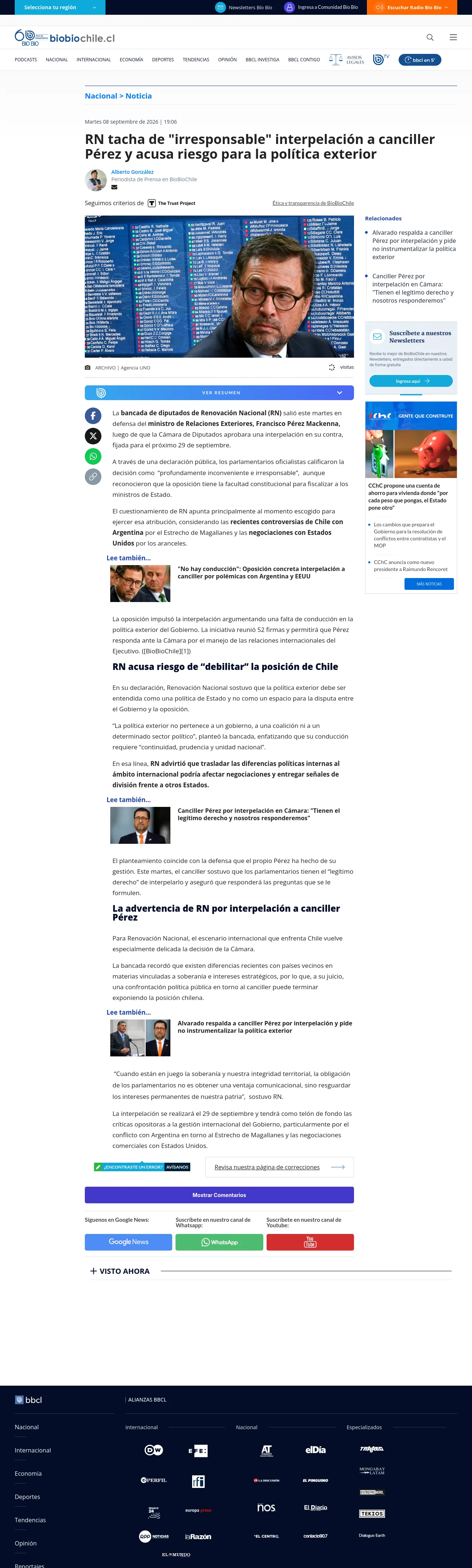 RN tacha de "irresponsable" interpelación a canciller Pérez y acusa riesgo para la política exterior