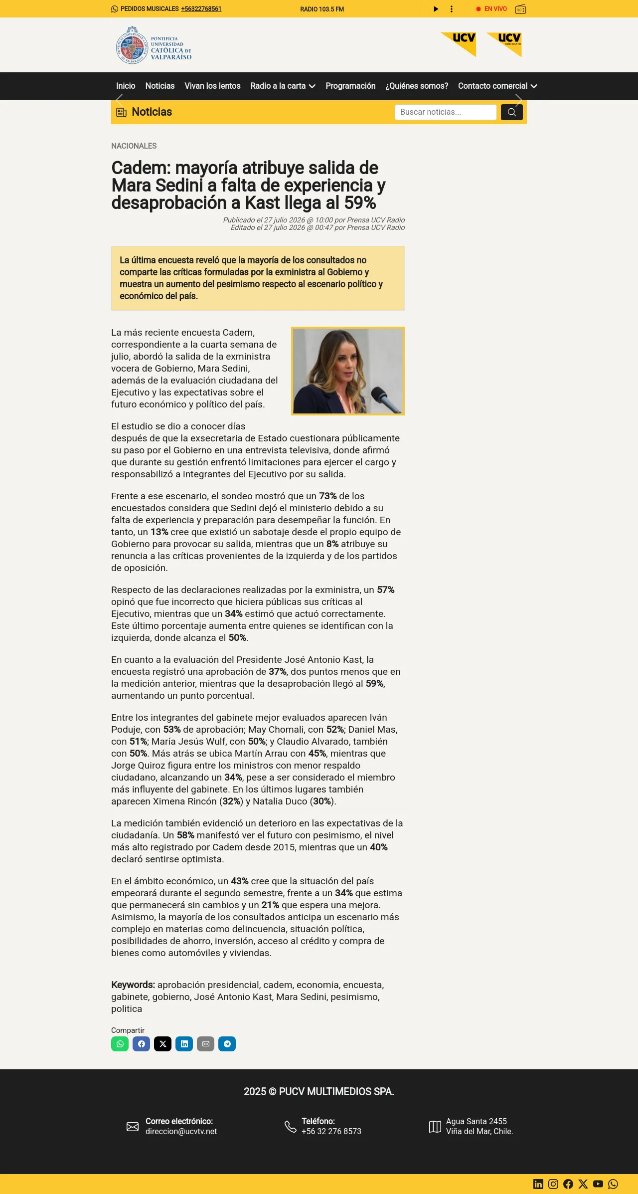 Cadem: mayoría atribuye salida de Mara Sedini a falta de experiencia y desaprobación a Kast llega al 59%