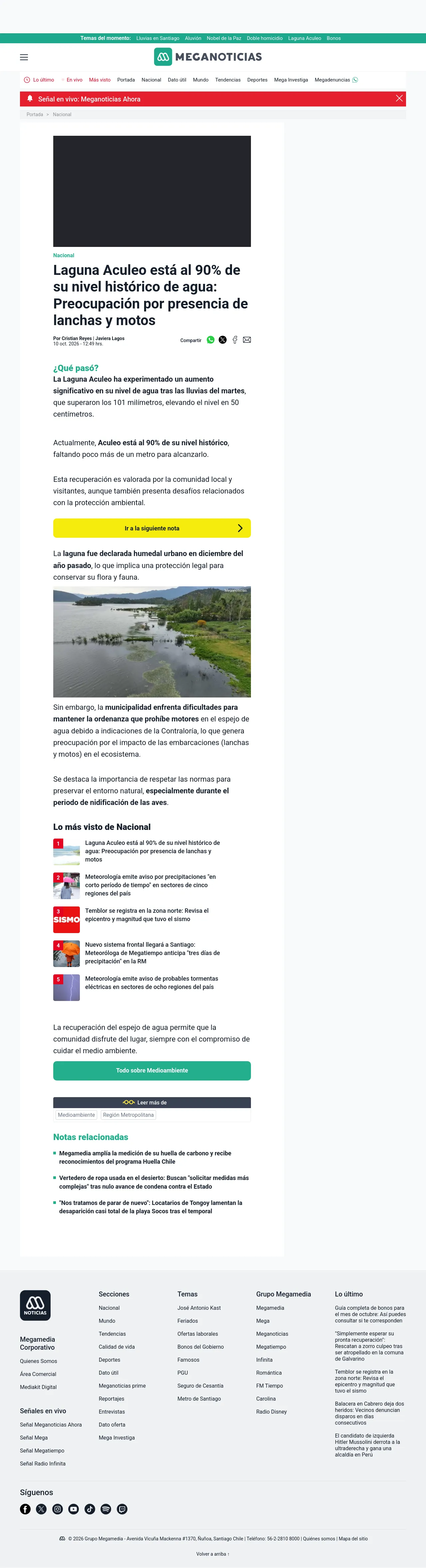 Laguna Aculeo está al 90% de su nivel histórico de agua: Preocupación por presencia de lanchas y motos