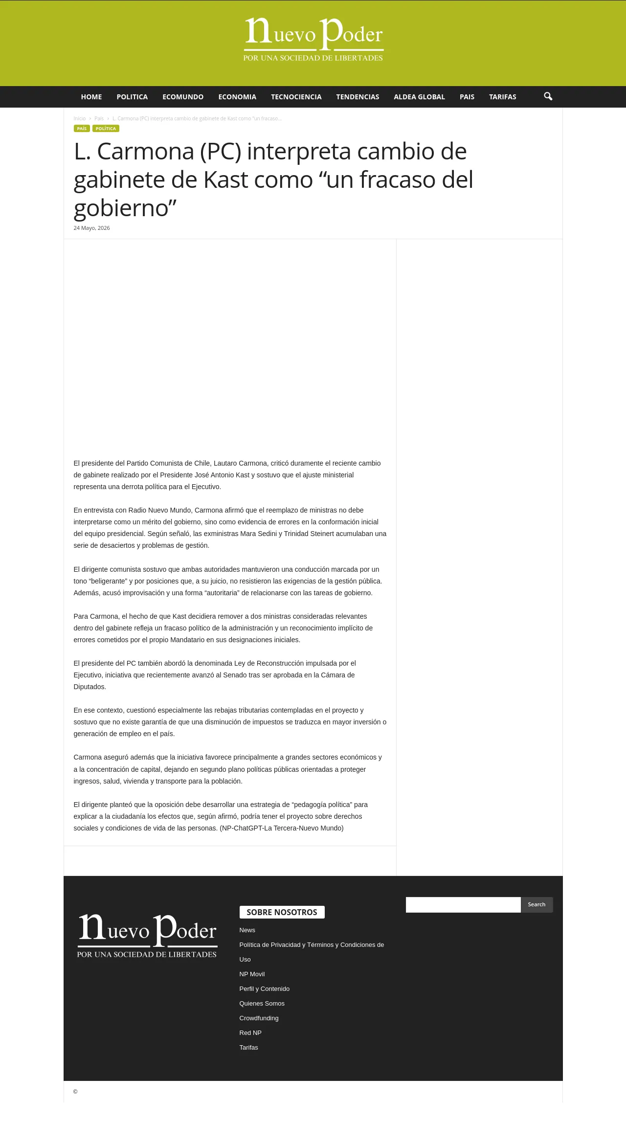 L. Carmona (PC) interpreta cambio de gabinete de Kast como “un fracaso del gobierno”